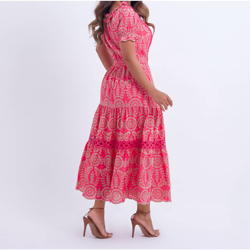 Vestido Feminino Midi Bordado Rosa Gisele - FL07