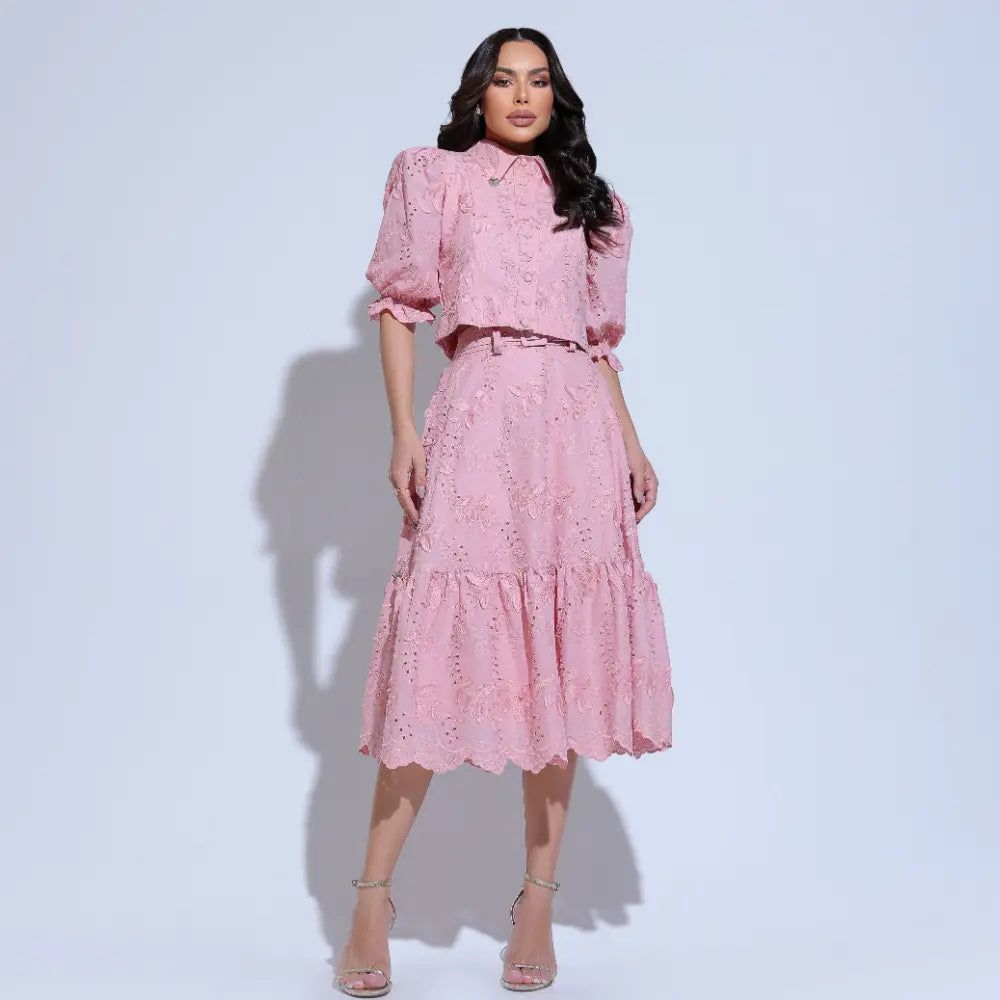 Conjunto Feminino Richelieu 3D Rosa Bordado Luma - FL22