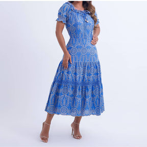 Vestido Feminino Midi Bordado Azul Gisele - FL06