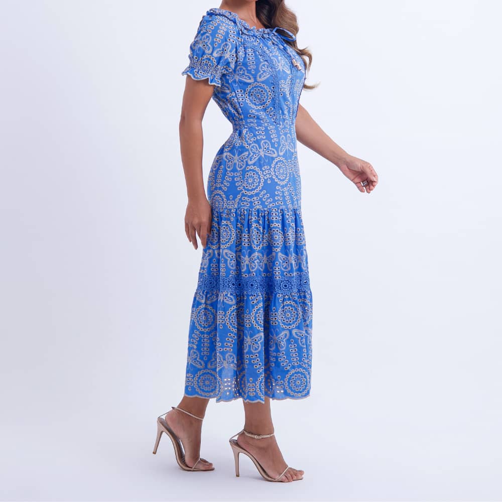 Vestido Feminino Midi Bordado Azul Gisele - FL06