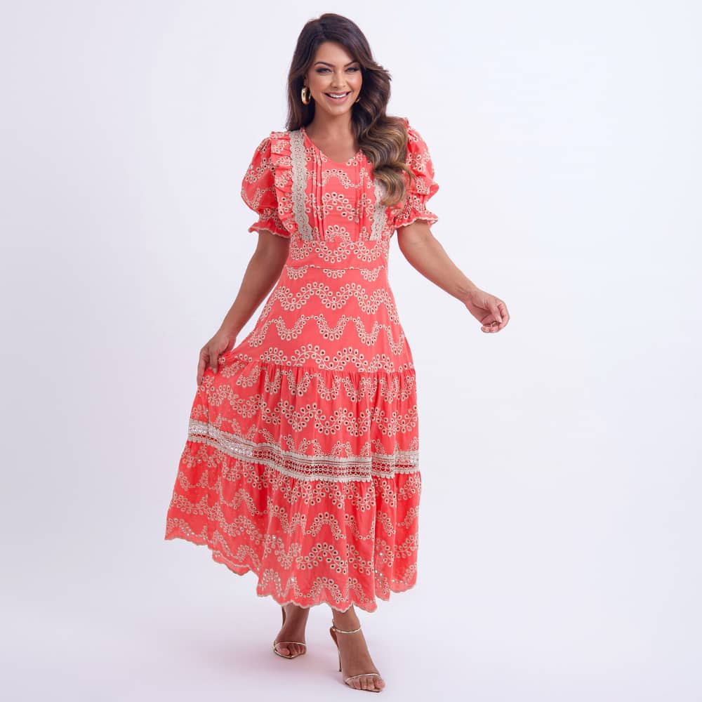 Vestido Feminino Bordado Coral Rosana - FL03