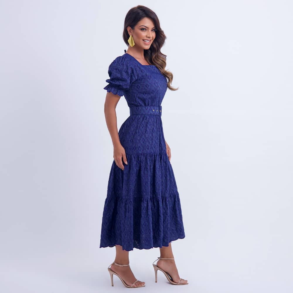 Vestido Feminino Midi Bordado Azul-Marinho Helen - FL08