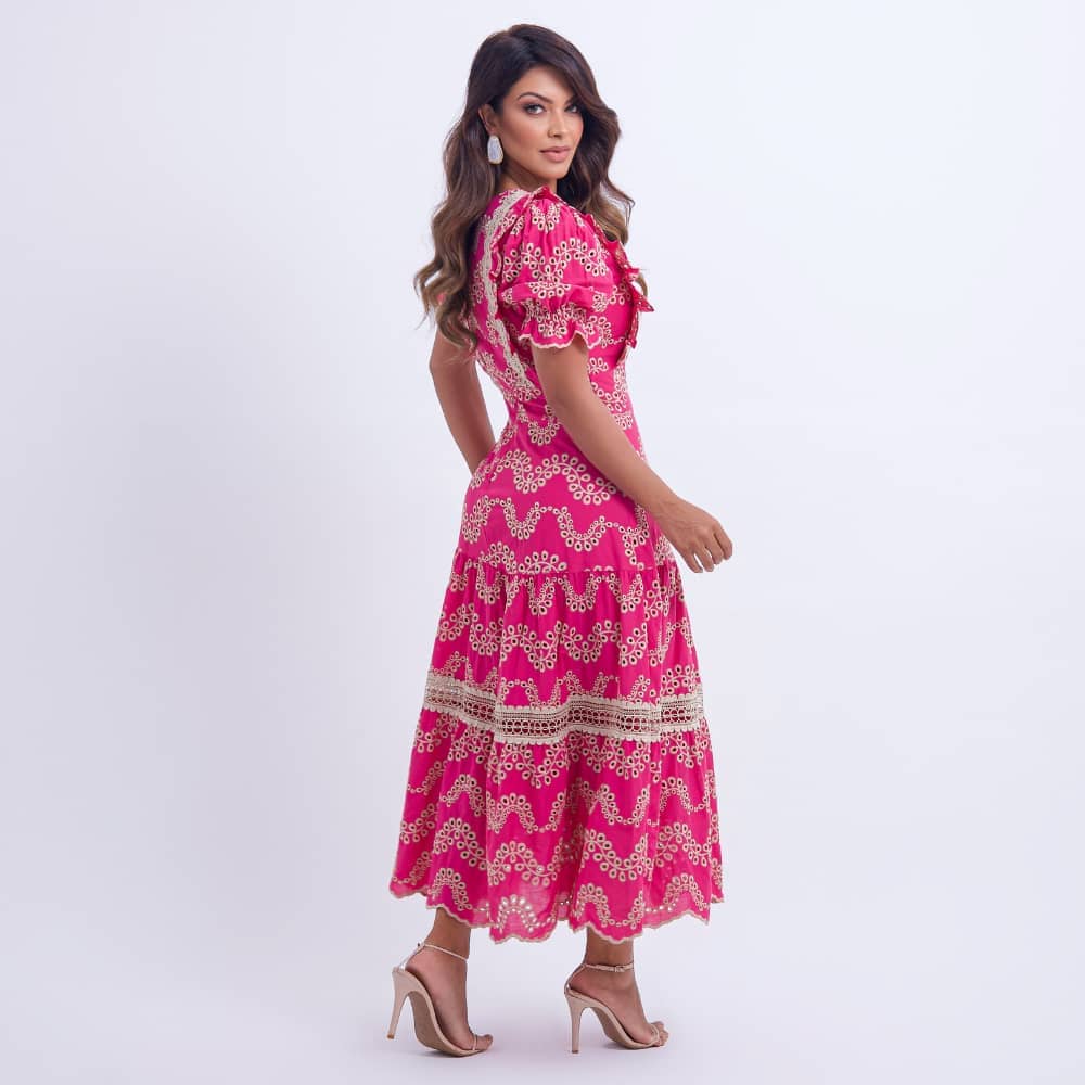 Vestido Feminino Bordado Pink Rosana - FL09